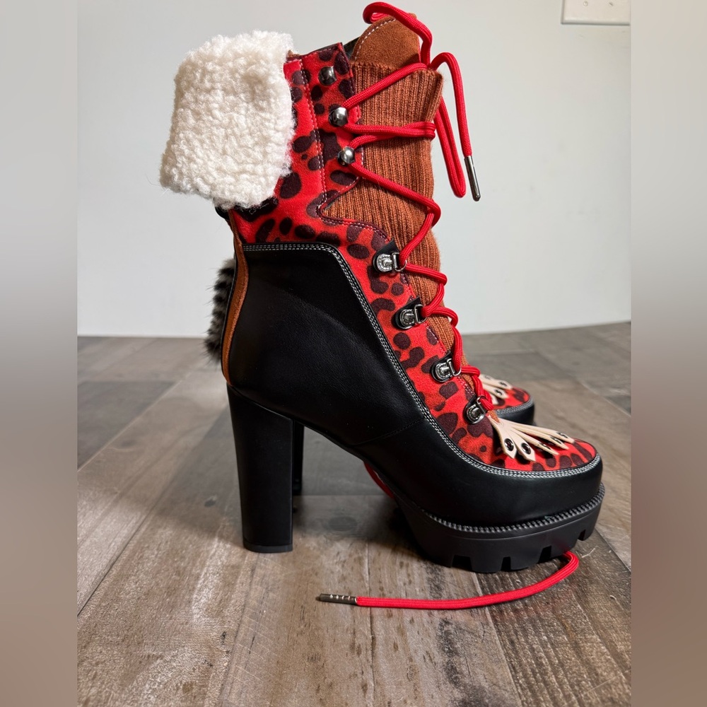 Azalea Wang Trigger Multi Colorblocked Leopard Lace Up Platform Heel Fur Trim 11